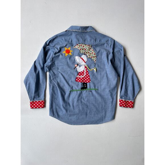 Vintage Other - Vtg 70's Holly Hobbie Chambray Button Up Shirt Applique Butterfly Cottagecore
